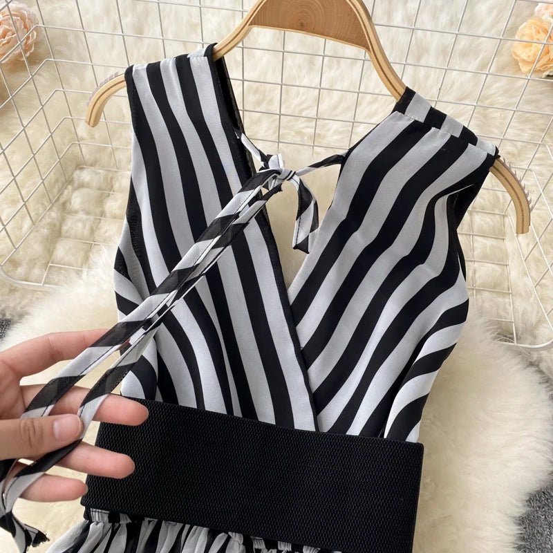 Temperament V-neck Chiffon Stripe Waist Throwing Leggings Summer New Sleeveless Jumpsuit Women's Wide Leg Jumpsuit