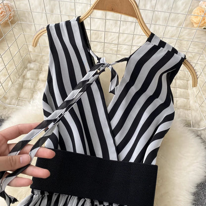 Temperament V-neck Chiffon Stripe Waist Throwing Leggings Summer New Sleeveless Jumpsuit Women's Wide Leg Jumpsuit