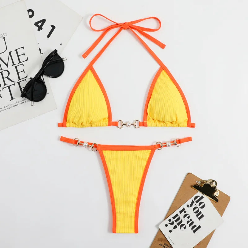 2025 Neuer Push-Up Geblümter Unifarbener Tanga 2-teiliges Set V-Ausschnitt Rippenbesatz Neckholder Bikini Spandex/Nylon Atmungsaktiv Schnelltrocknend Sexy