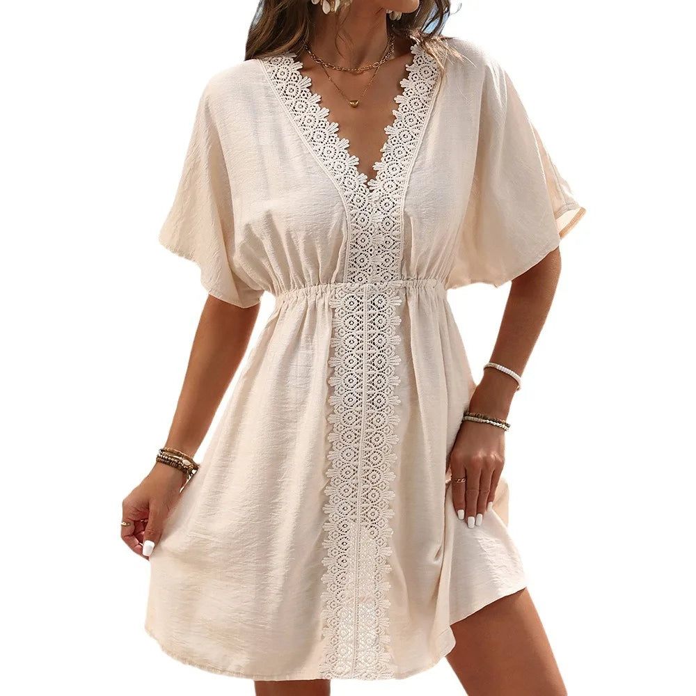 Factory Summer Ladies Solid Color V-neck Ice Cloth Lace Patchwork Bikini Swimsuit Cover-ups Loose Beach Dress for Women