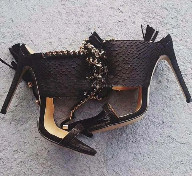 Sexy Metal Chain High Heel Sandals Fringes Straps Women Stiletto Slippers Lace up Party Shoes