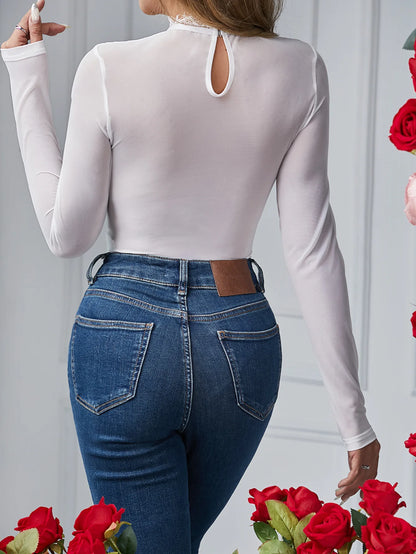 XS-L Herbst Sexy Rundhals Spitze Wimpern Spitze Stahlreif Overall Wild Langarm Eng Anliegend Overall