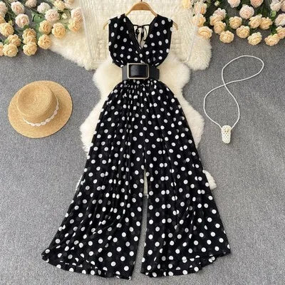 Temperament V-neck Chiffon Stripe Waist Throwing Leggings Summer New Sleeveless Jumpsuit Women's Wide Leg Jumpsuit