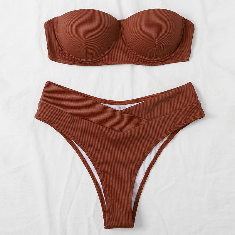Hersteller Benutzerdefiniertes Logo 2-teiliger Bandeau-Badeanzug mit hoher Taille Einfarbiger Bikini Damen Sexy Bandeau Bademode Geripptes Bikini-Set