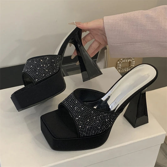 2025 Summer New Glitter Fish Mouth Slippers Black Fashion Thick Heel Waterproof Platform Sandals High Heels Slippers
