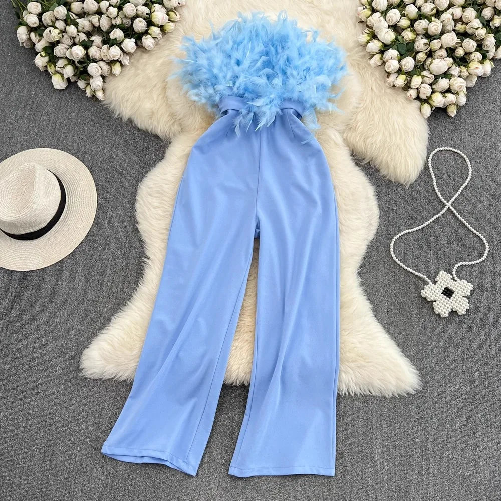 Summer Fashion Strapless Jumpsuit with Feather Patchwork and High Waist Breathable Casual Belt for Going Out