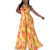 C8589 Women's Summer New Sexy Backless Printed Lace-up Wide-leg African Jumpsuit