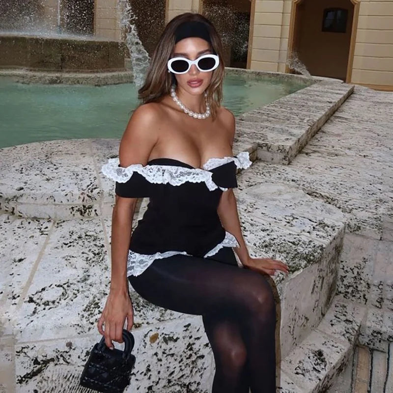 OUDINA Été Nouveau Contrasté Couture Dentelle Femme Haut Bodysuit Combinaison Combinaisons Bodysuits