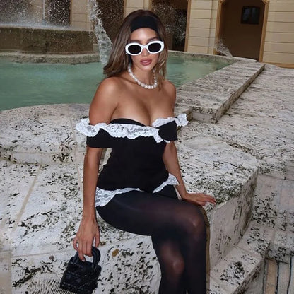 OUDINA Été Nouveau Contrasté Couture Dentelle Femme Haut Bodysuit Combinaison Combinaisons Bodysuits