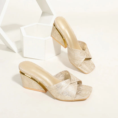 Xuanhui Hot Selling Fashion square Toe Snake Pattern Wedge Muller slippers Gold 6cm Heeled Sandals