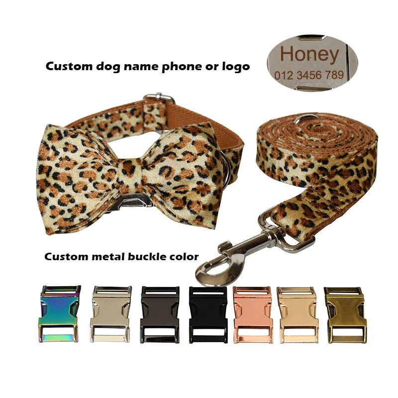 Collare per cani con stampa leopardata e fiocco per cani di taglia piccola, media e grande, collari personalizzati con targhetta incisa, accessori per animali domestici, collana per animali 01