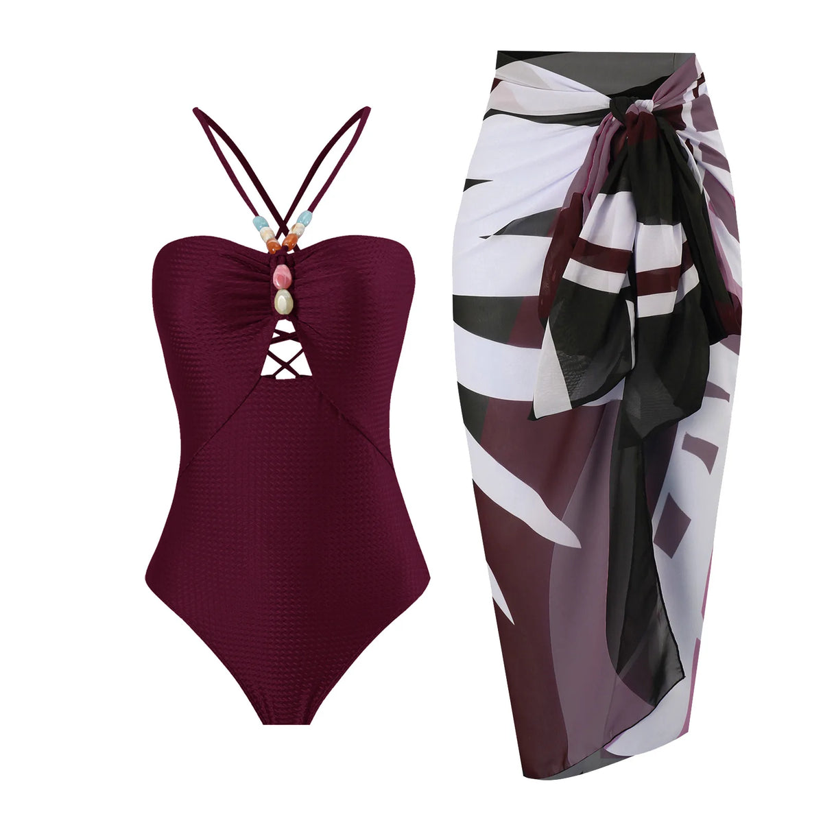 Sexy Bikini Set Women Luxury Beading Swimwear Hollow Out Swimsuit Two-pieces Halter Beachwear Bathing Suit With Cover up Skirt
