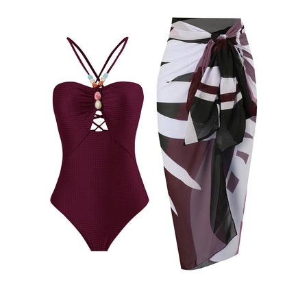 Sexy Bikini Set Women Luxury Beading Swimwear Hollow Out Swimsuit Two-pieces Halter Beachwear Bathing Suit With Cover up Skirt