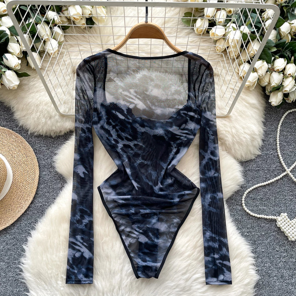 Herbst Sexy Quadratischer Kragen Slim Overall Für Damen Langarm Hohe Taille Mesh Bodysuit Großhandel
