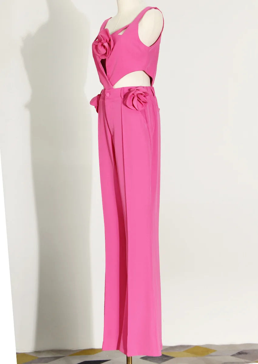New Arrival Ladies Jumpsuit Spring Summer Three-dimensional Flower Cross Detachable Vest With Pant Jumpsuit Two-piece Set