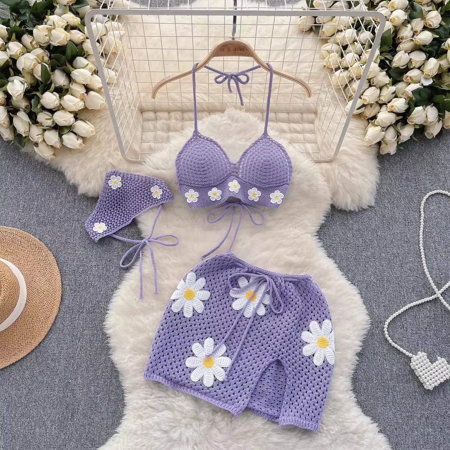 Bikini dreiteilig Set gestricktes Träger-Set Strand Resort Style Strickträger Bikini