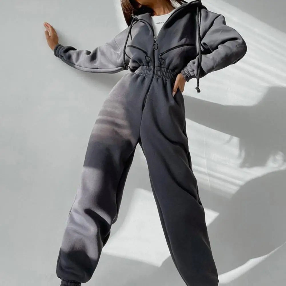 Caldo inverno donna tuta con cappuccio tinta unita spessa vita stretta pagliaccetti casual donna felpa con cappuccio tuta tuta combinaison femme
