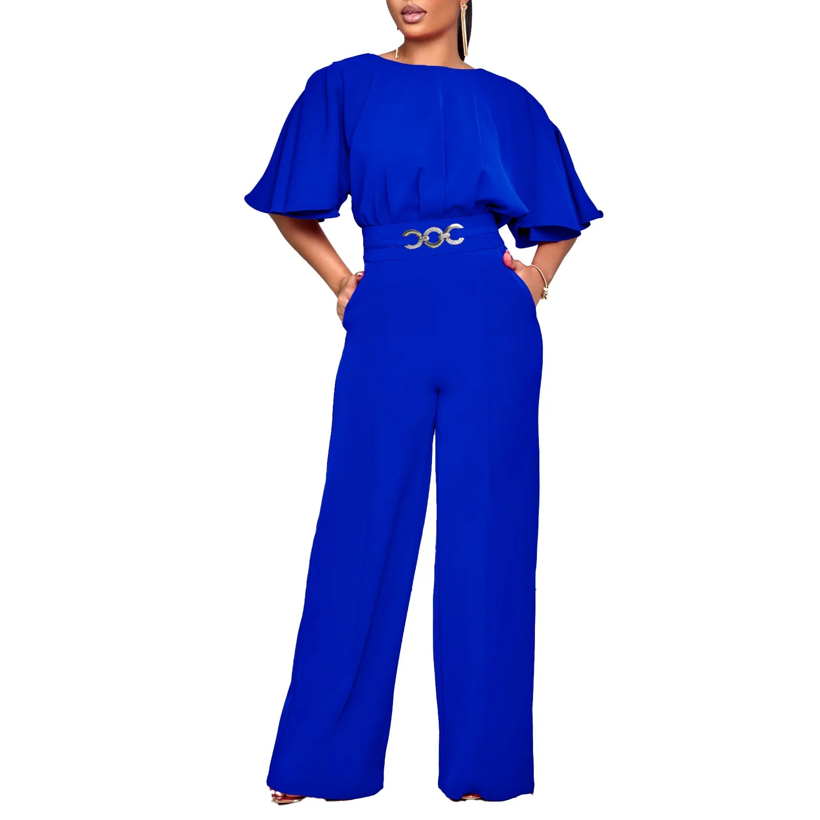 D3276 Loose Fit Fashion Overall mit Rundhalsausschnitt, hohem Bund, weitem Bein im afrikanischen Stil, aus Canvas-Stoff