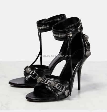 Top Quality Studded Decorative Buckle Tasseled Zip Designs Calf Leather Ankle Strap Cagole Embellished 110mm Leather Sandals