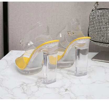 Fashion Women's Summer Open Toe PU Dress Sandals 11CM Black High Heels Waterproof Platform Flat Heeled Sexy Height Increasing