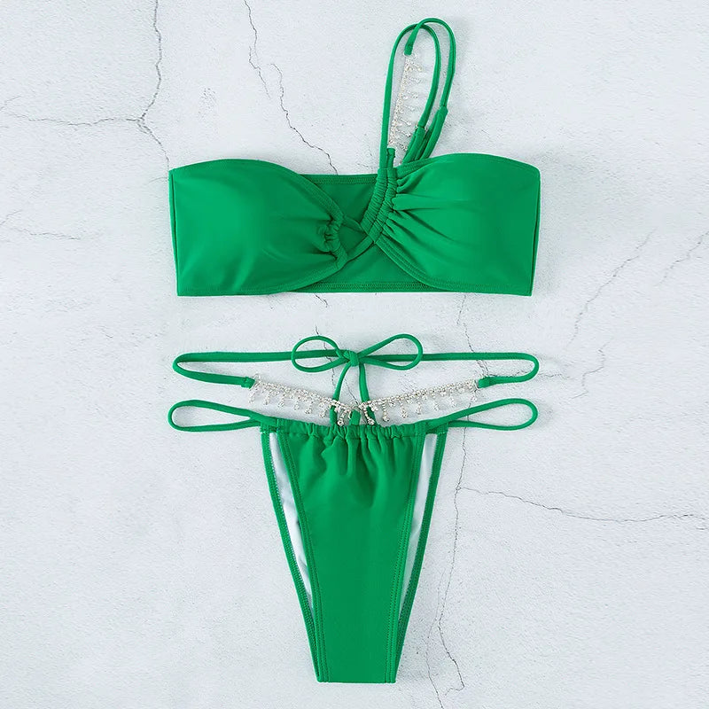 2023 Neue Badeanzüge Grün Strass Bademode Damen One Shoulder Sexy Bikini Bikinis & Strandmode OEM Digitaldruck Erwachsene Solid