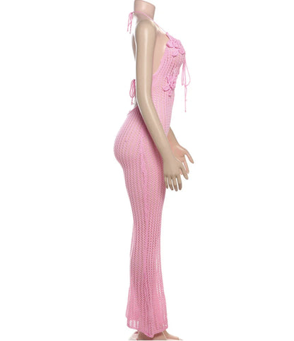 Peeqi W24Q62145 Nouveau Combinaison Tricotée Sexy Femme Été Printemps Col Halter Sans Manches Évidé Patte d'Éléphant en Laine Combinaison pour Femme