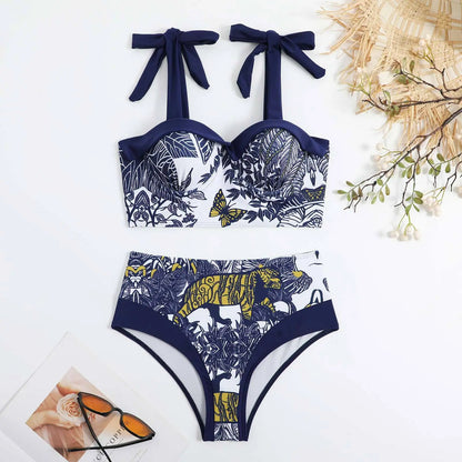2023 Two Piece Swimsuit Sling High Waist Skinny Bikini Set and Cover up Sexy Backless V Neck Bikinis & Beachwear