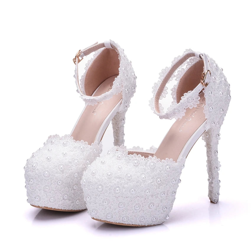 BS048 White Lace High Heels Platform Pumps Party Wedding Shoes White Heels Ankle Straps Women Sandals Bridesmaid Shoes