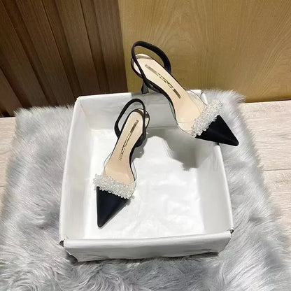 Baotou Sandals for Women in Spring and Summer, New French Transparent Pointed Small Heels, White High Heels