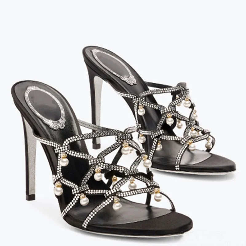 Sandales à talons hauts et fins pour femmes, chaussures d'été à lanières croisées avec strass, mules à talons aiguilles et perles.