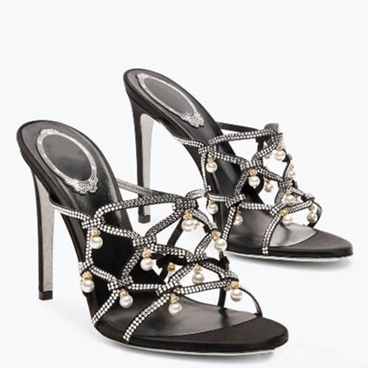 Sandales à talons hauts et fins pour femmes, chaussures d'été à lanières croisées avec strass, mules à talons aiguilles et perles.