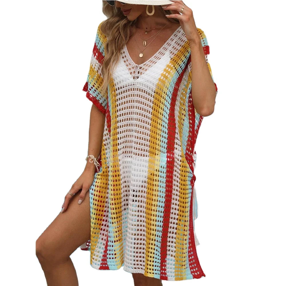 Hersteller Maßgeschneiderte Tunika Bademode Cover V-Ausschnitt Gehäkelte Strickstrandmode Badeanzug Bikini Kimono Strandkleid für Damen