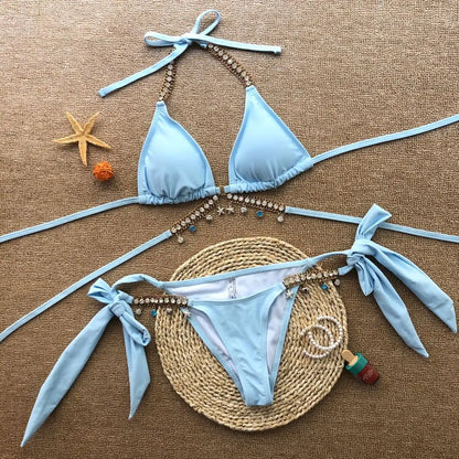 2022 Stock glänzender holografischer Tanga-Bikini Schmuck Diamant Damen Tanga-Bikini Bademode