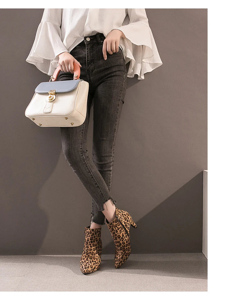 LazySeal 2025 New Luxury Leopard Women Boots Leather Winter Casual Shoes Hoof Heels Zip Pointed Toe Ankle Boots Big Size 43