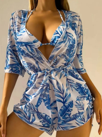 S-XL Bikini Three Piece Set Leaf Print Waist Tied Fashionable Long Sleeved Beach Sun Proof Swimsuit Set  3pack
