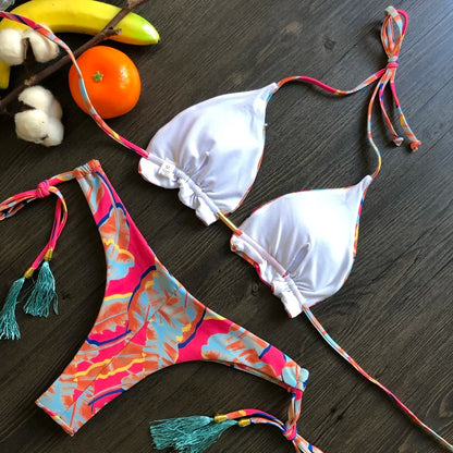 RUOTONGSEPT Sexy Micro Bikinis Set 2024 New Swimsuit Women Feather Print Bandage Swimwear Female Bathing Suit Brazilian Biquinis