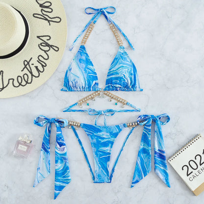 2022 Stock glänzender holografischer Tanga-Bikini Schmuck Diamant Damen Tanga-Bikini Bademode
