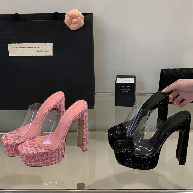 2025 Women's High-Heeled Grid Design Sandals with Anti-Slip Transparent Tape Anti-Slip Slippers Wedges