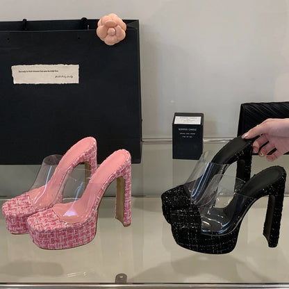 2025 Women's High-Heeled Grid Design Sandals with Anti-Slip Transparent Tape Anti-Slip Slippers Wedges