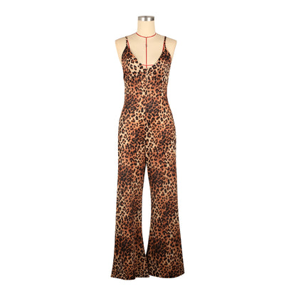 Damen-Overall, hoch tailliert, ärmellos, Sommer, lässig, Satin, Micro-Pull, mit Träger, Leopardenmuster, hoch tailliert