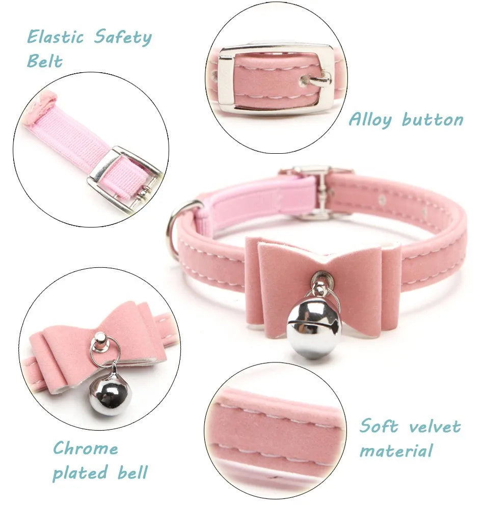Collare elastico di sicurezza per gatti Papillon con campana Collare per cani di piccola taglia Velluto morbido e sicuro 6 colori Collana con papillon per gattini Forniture per animali domestici