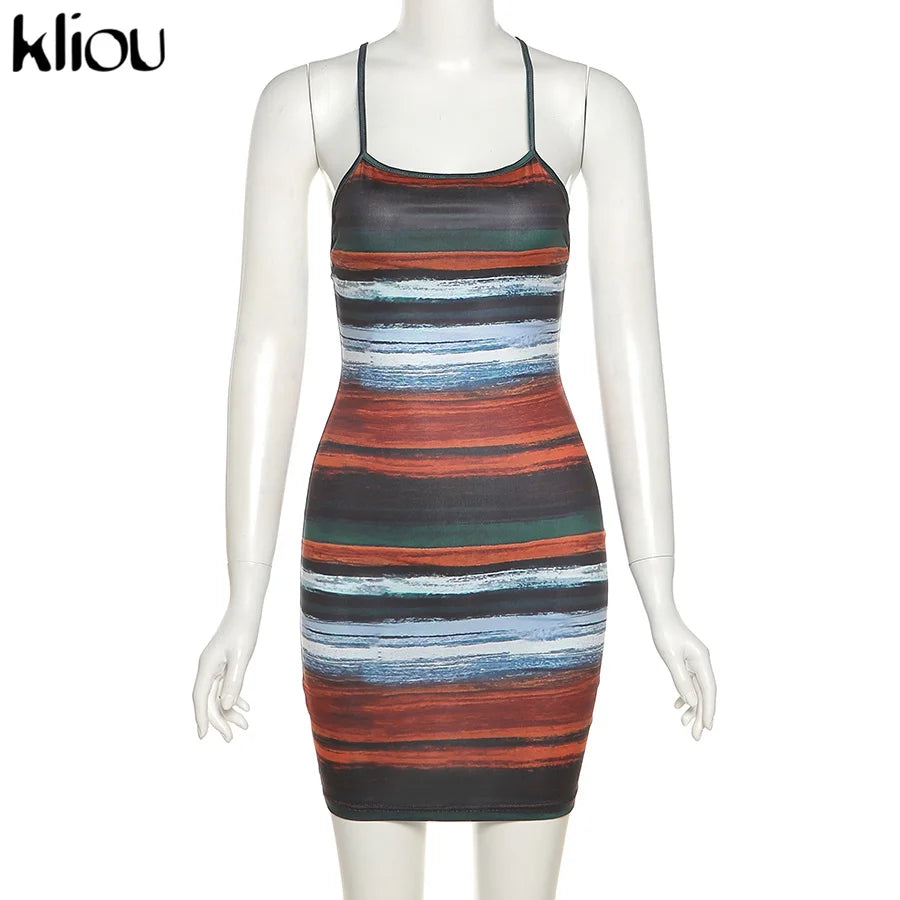 Kliou Mini abiti a righe con pannelli Estetici Donna Sexy Skinny Slash Neck Canotta Backless Vintage Midnight Clubwear Abiti