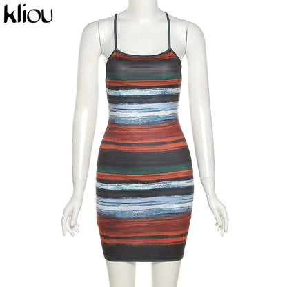 Kliou Mini abiti a righe con pannelli Estetici Donna Sexy Skinny Slash Neck Canotta Backless Vintage Midnight Clubwear Abiti