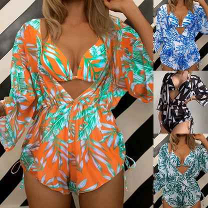 3 Piece Set Bikini New Summer Women Sexy Bikini Loose Beach Spaghetti Strap Bra Jumpsuit Suits Printed Swimwear Bikini