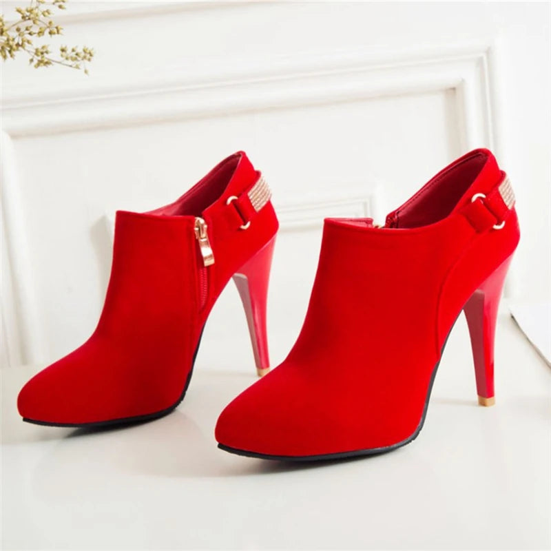 REAVE CAT Ankle Boots Pointed Toe Shoes women Sale Thin Heels Flock Suede Leather Rhinestone Big Size 31-50 Weeding Blue Black