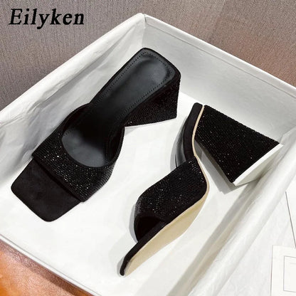 Eilyken Pantofole estive con tacco spesso a triangolo CRISTALLO Pantofole da donna sexy da strada con punta quadrata Scarpe da festa Taglia 35-41
