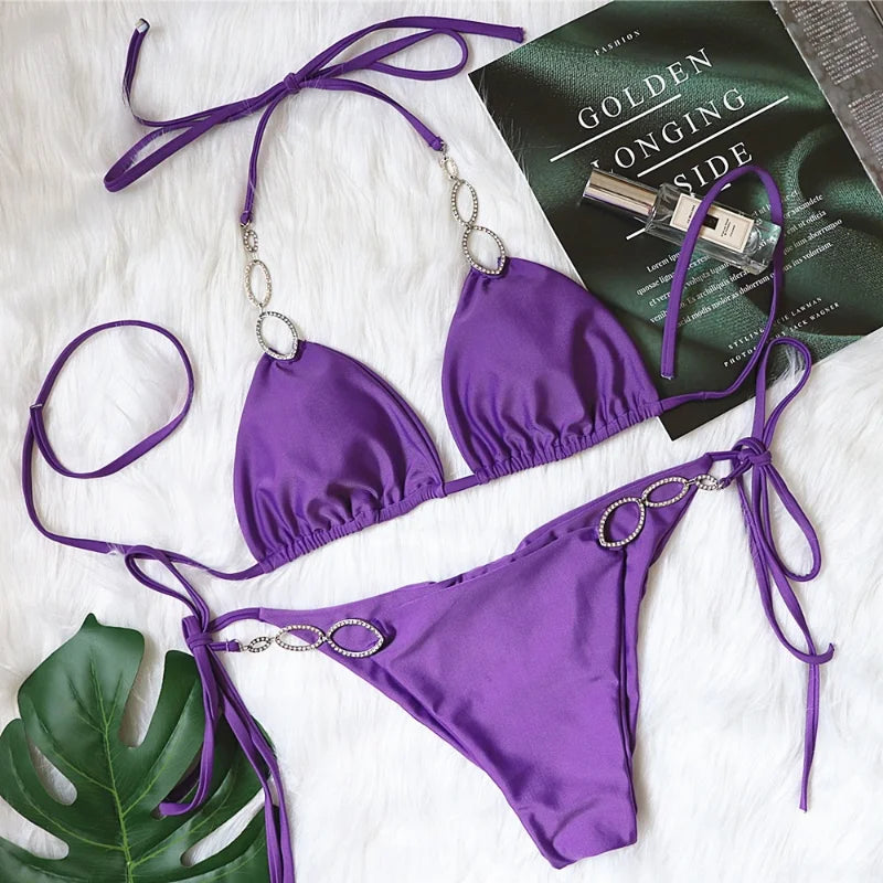 New Design Solid Color Halter Collar Sexy Metal Decorate  Bikinis Woman Swimwear Two Piece Bikini & Beachwear