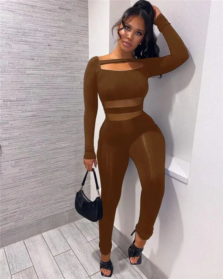 2022 Women's Sexy Hollow Bodycon Rompers Long Sleeve Jumpsuit Notched Collar Knit Anti-Pilling Polyester Blended Wholesale