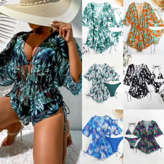 S-XL Bikini Trois Pièces Imprimé Feuille Taille Nouée Maillot de Bain Mode à Manches Longues Protection Solaire pour la Plage Ensemble 3 Pièces