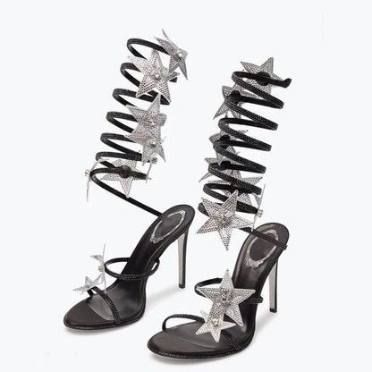 Ankle Wrap Cross Long Straps Women's Bling Stars Shoes High Heels Sexy Big Size 46 Dress Wide Fit Sandals Stiletto